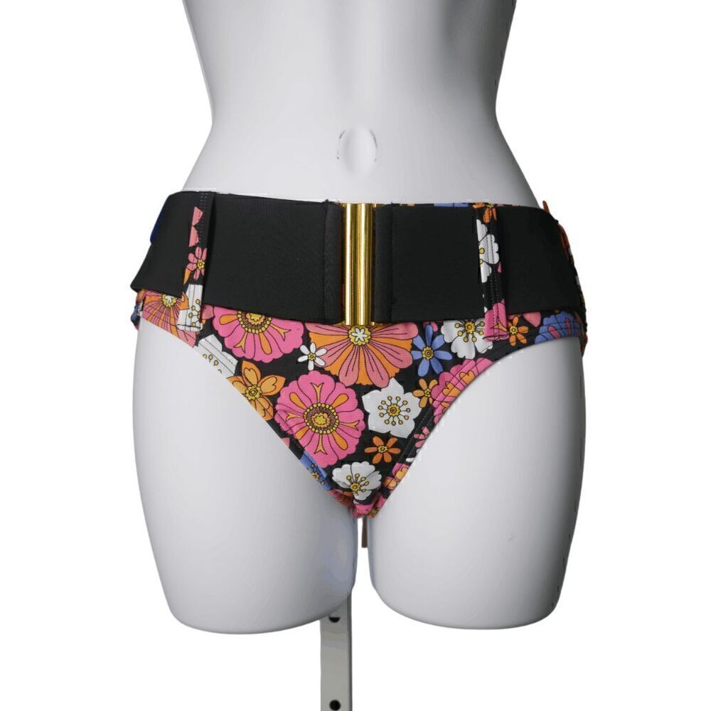 Unique Vintage Black and Purple Floral Belted Swim Bikini Bottom XS